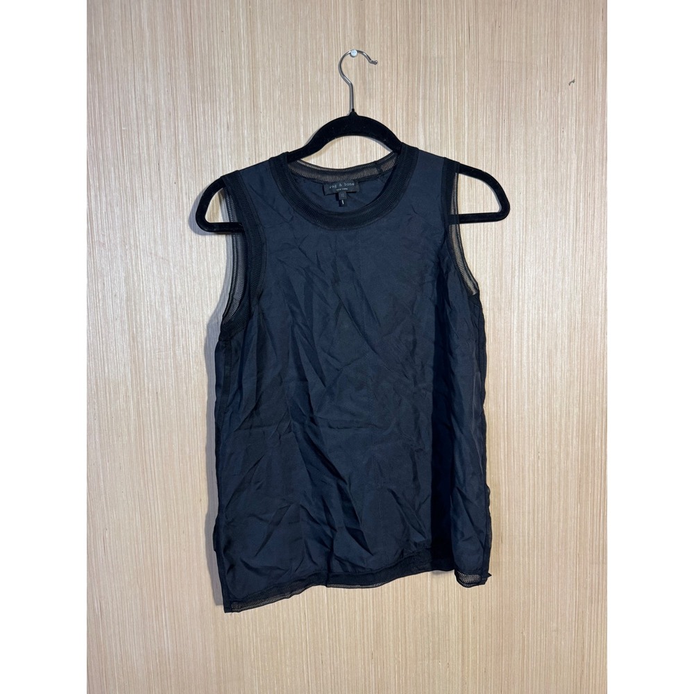 rag & bone Romy $275 Black 100% Silk Sleeveless Tank Top Mesh Trim XS